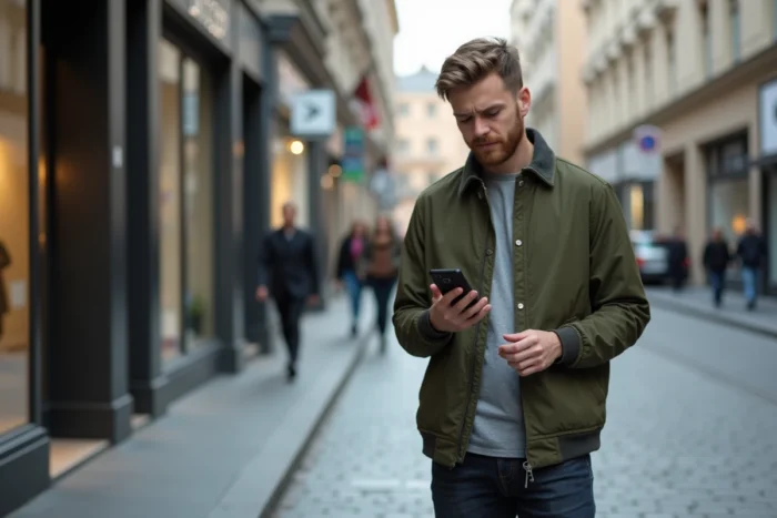 Jeune homme vérifiant ses appels manqués Orange en pleine rue sur son smartphone en milieu urbain