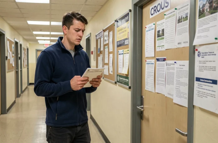 Jeune homme devant un bureau Crous avec une checklist pour récupérer son code locataire avant l'état des lieux