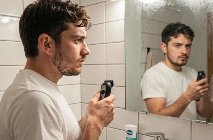 Jeune homme observant son visage ingrat dans un miroir de salle de bain, moment de questionnement identitaire