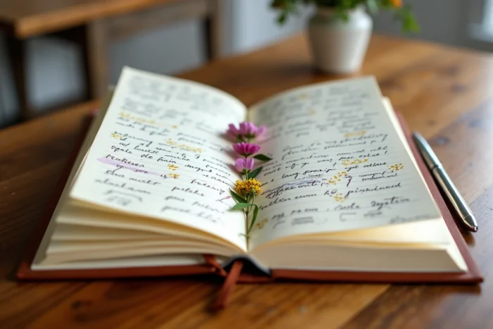 Journal de bord collaboratif ouvert avec messages manuscrits et signatures des invités de mariage, cadeau souvenir original