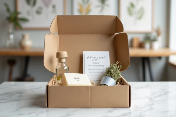 Kit souvenir sensoriel de mariage dans une boîte kraft ouverte contenant un flacon de parfum, savon artisanal, herbes séchées et ruban