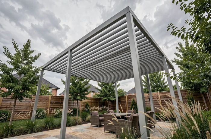Lames de pergola bioclimatique orientées verticalement pour résister au vent fort dans un jardin résidentiel moderne