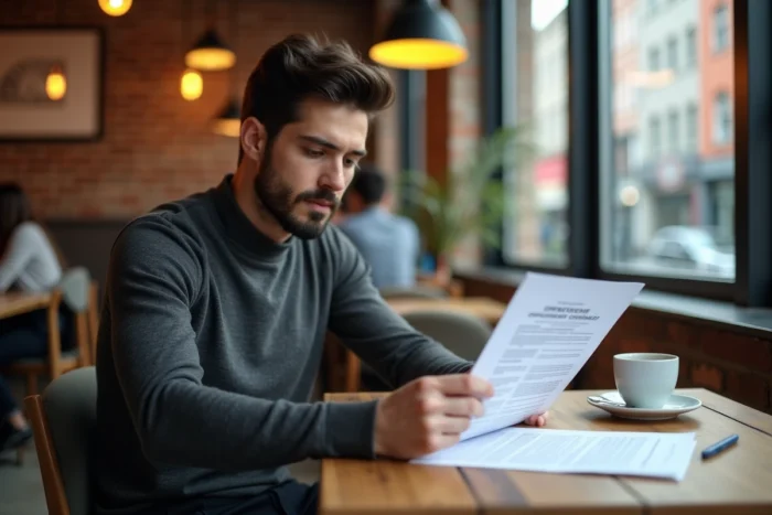 Jeune professionnel lisant un contrat cadre dans un espace de coworking moderne avec briques apparentes
