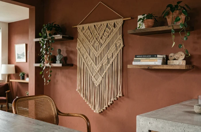 Suspension murale en macramé sur mur terracotta dans un bureau vintage avec étagères décoratives