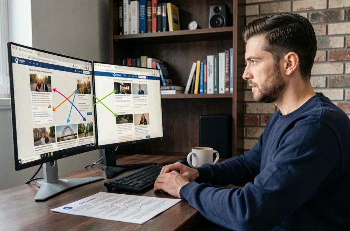 Blogueur construisant un schéma de maillage interne entre ses articles sur un double écran d'ordinateur