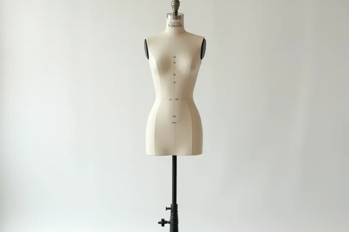 Mannequin de couture ajustable avec étiquettes de mensurations standards visible en studio