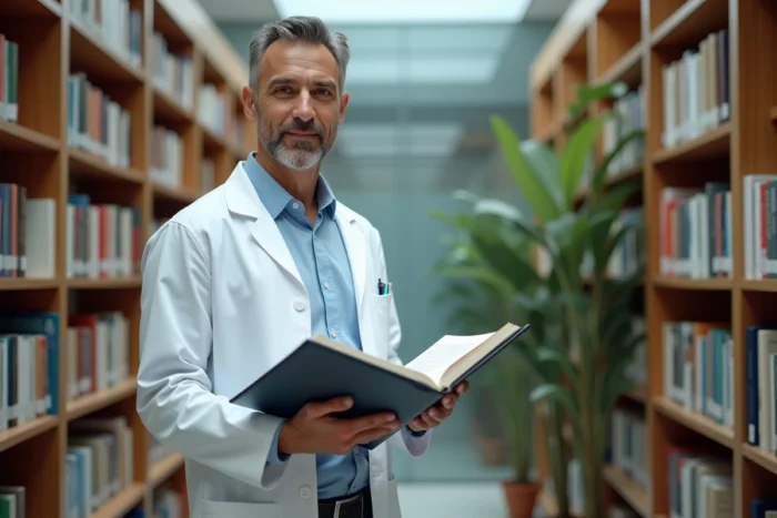 Médecin masculin consultant un journal clinique dans une bibliothèque médicale moderne avec ressources numériques accessibles