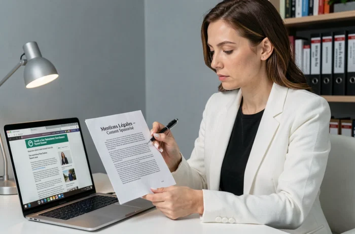 Blogueuse annotant un document de mentions légales sur les contenus sponsorisés à côté de son article en cours