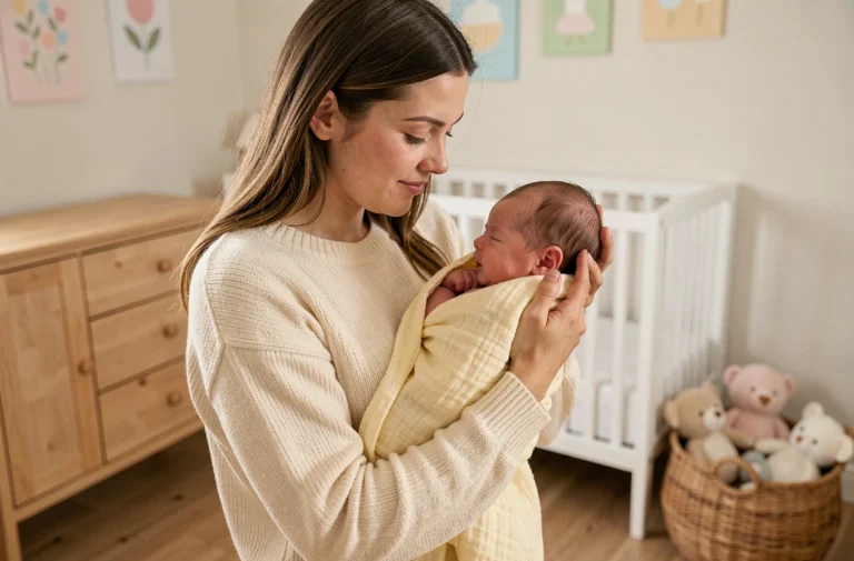 Jeune mère tenant tendrement son nouveau-né dans une chambre de bébé cosy avec mobilier en bois clair