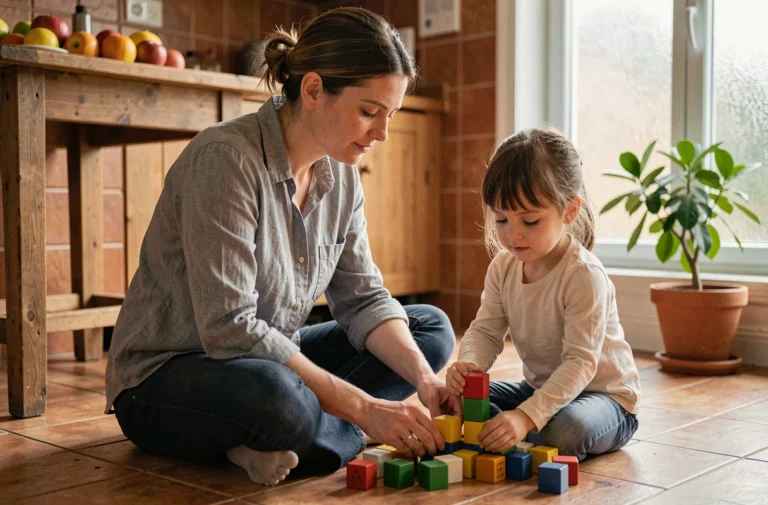 Mère aidant sa fille à jouer dans une cuisine familiale chaleureuse, moment de complicité parentale au quotidien