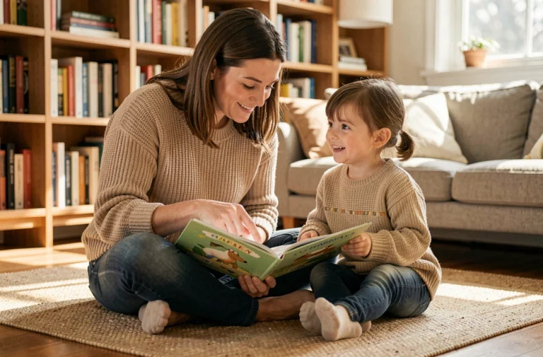 Mère et fille lisant un livre ensemble sur le sol du salon, moment d'apprentissage parental chaleureux et complice