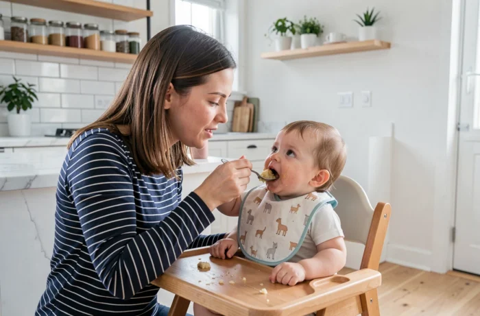 Mère donnant la becquée à son bébé installé dans une chaise haute en bois dans une cuisine scandinave