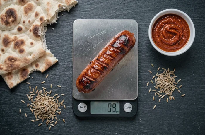Merguez grillée posée sur une balance numérique affichant son poids, entourée d'épices et de pain plat sur une ardoise
