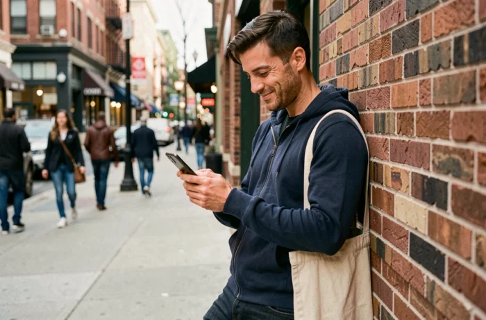 Homme dans la rue consultant le profil Instagram d'une célébrité sur son smartphone