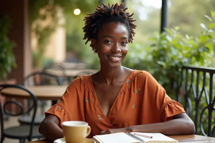 Femme aux micro-tresses afro sans rajout en robe orange assise à une terrasse de café entourée de verdure