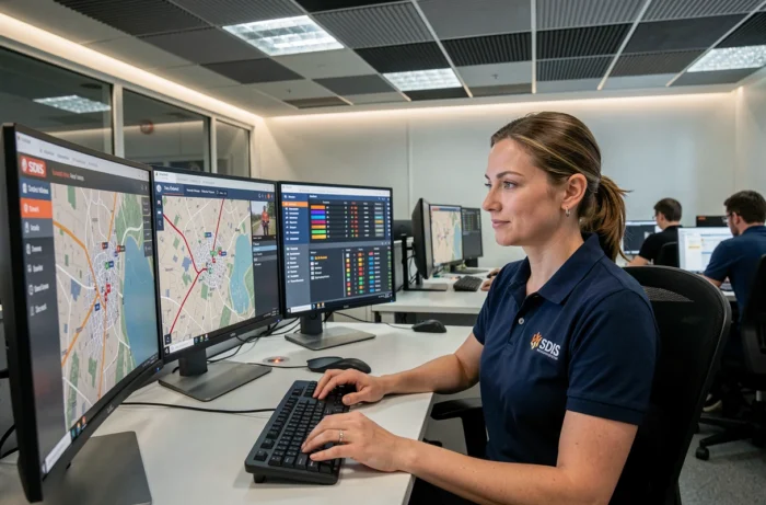 Opératrice du centre de coordination du SDIS de l'Aisne travaillant sur le système IRIS avec plusieurs écrans de suivi des interventions