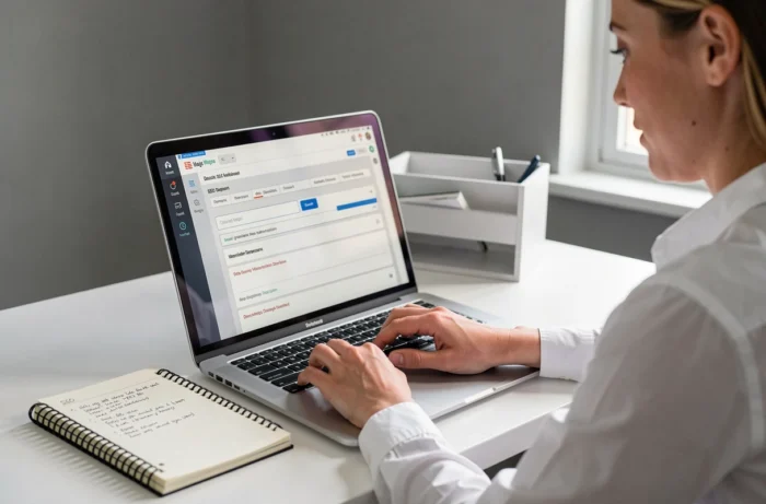 Blogueuse optimisant les métadonnées SEO de ses articles avec des champs titre et description sur son ordinateur