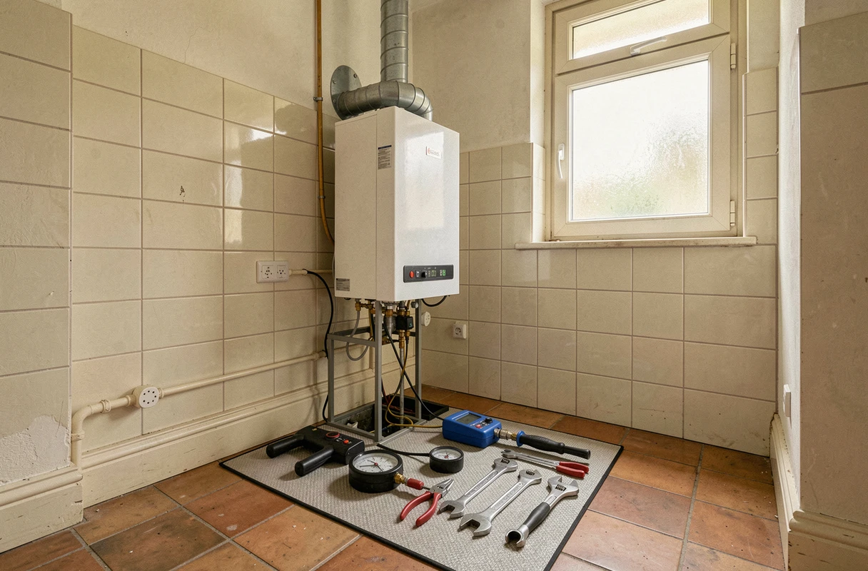 Espace de maintenance d'une chaudière gaz avec outils professionnels disposés au sol dans un intérieur résidentiel bruxellois