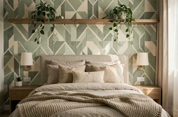 Chambre moderne avec papier peint géométrique vert sauge en tête de lit et décoration naturelle