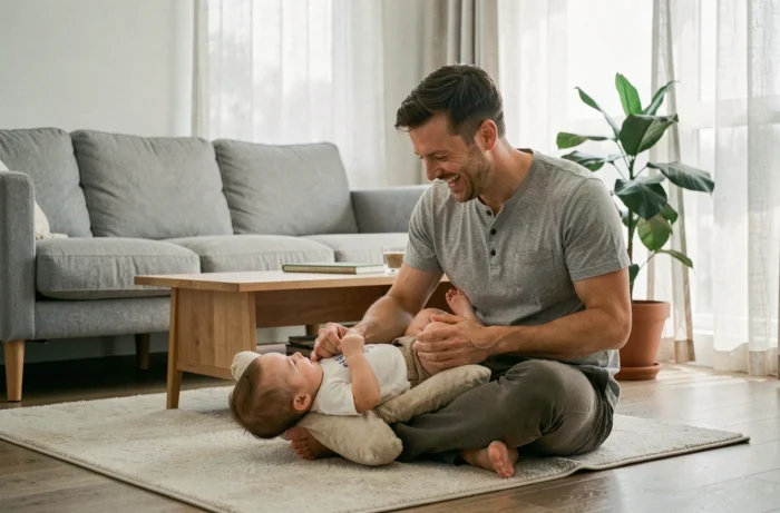 Père jouant au sol avec son bébé de six mois sur un tapis d'éveil dans un salon moderne