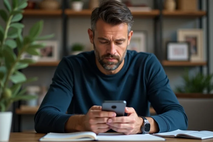 Père de famille lisant des conseils parentaux sur son smartphone dans son bureau à domicile