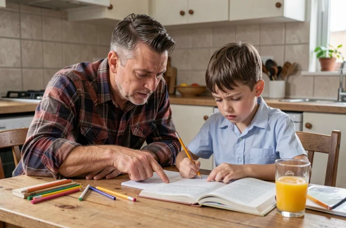 Père aidant son fils à faire ses devoirs à la table de cuisine, soutien parental dans l'éducation scolaire à la maison