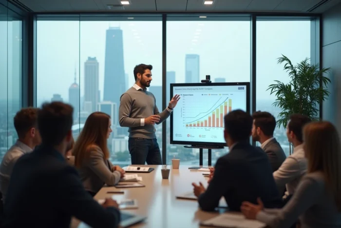 Entrepreneur présentant une stratégie de croissance à son équipe lors d'une réunion startup