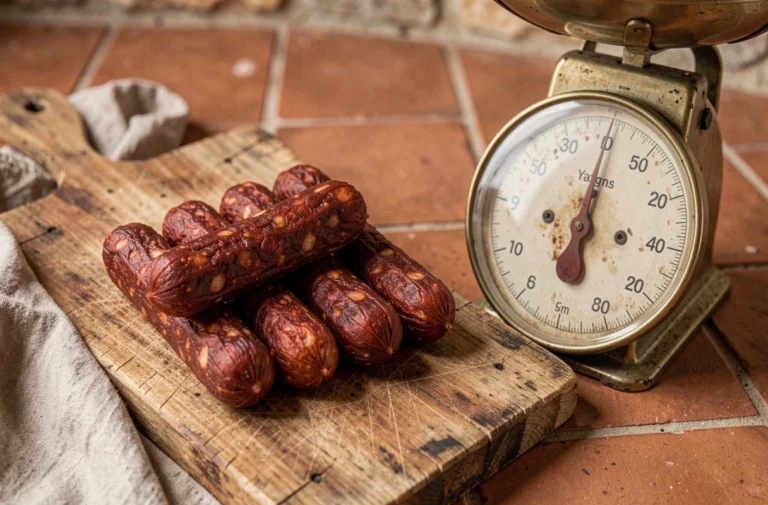 Merguez crues posées sur une planche en bois à côté d'une balance de cuisine indiquant leur poids en grammes