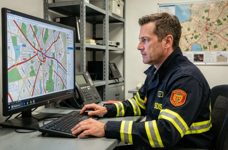 Pompier du SDIS de l'Aisne consultant le logiciel IRIS sur un écran de gestion des opérations en salle de commandement