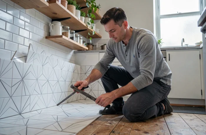 Homme posant un carrelage décoratif autocollant géométrique sur une crédence de cuisine