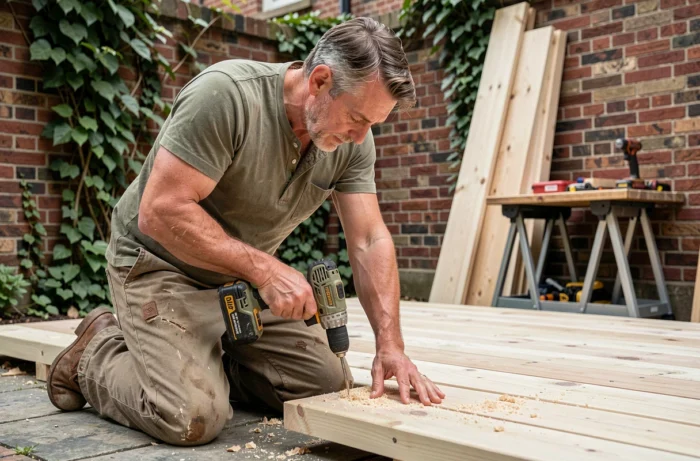 Artisan en train de poser des lames de bois sur une terrasse de jardin en construction dans une cour urbaine