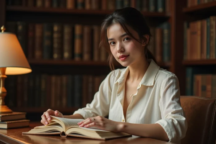 Jeune femme prénommée Lisa lisant un livre ancien dans une bibliothèque vintage en bois