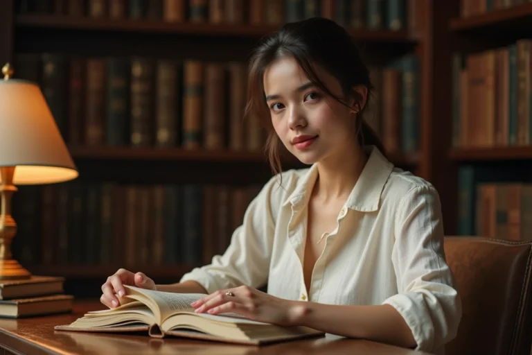 Jeune femme prénommée Lisa lisant un livre ancien dans une bibliothèque vintage en bois