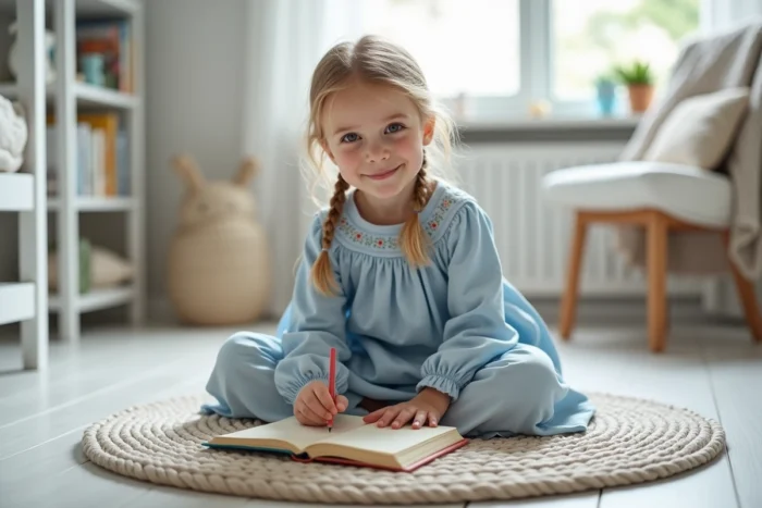 Petite fille écrivant son prénom Lisa dans un carnet dans une chambre scandinave lumineuse