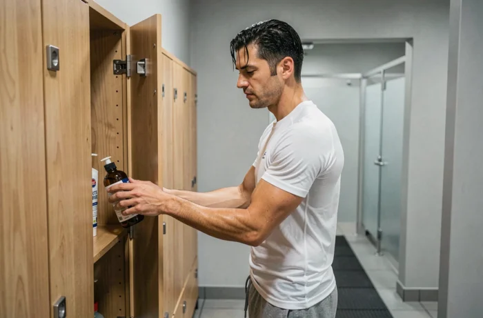 Homme préparant ses affaires de douche devant les casiers d'une salle de sport avant d'utiliser les douches Basic Fit