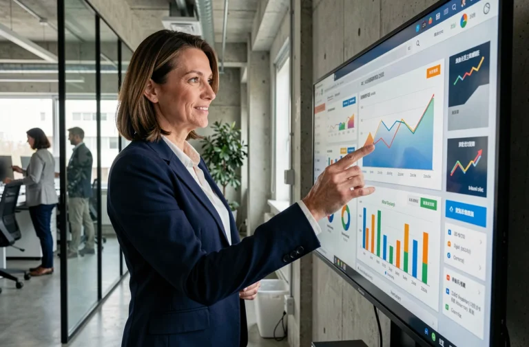 Professionnelle du marketing B2B présentant des données analytiques sur un écran tactile dans un bureau moderne