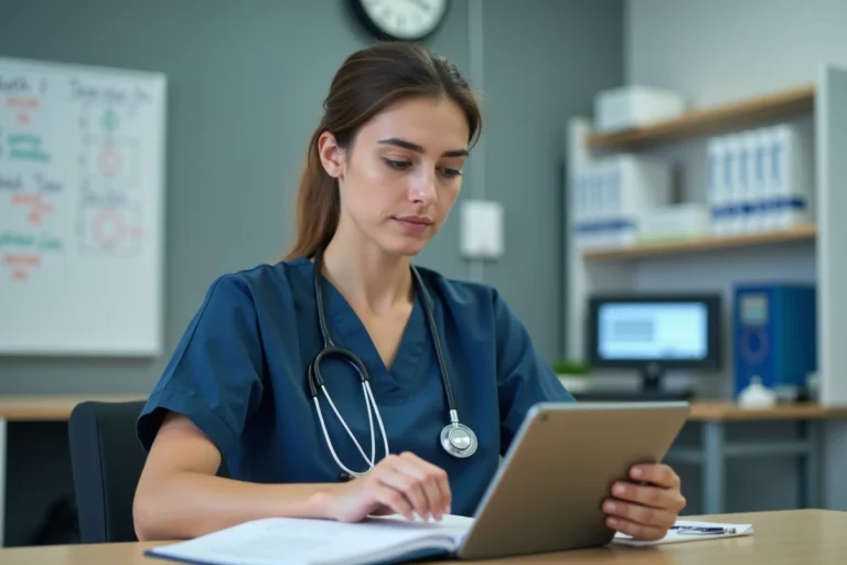 Professionnelle de santé consultant des ressources médicales sur tablette et livre de référence dans une salle de repos hospitalière