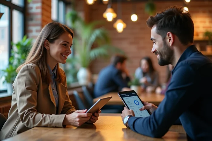 Deux professionnels comparant des plateformes bancaires numériques pour entreprises dans un espace de coworking