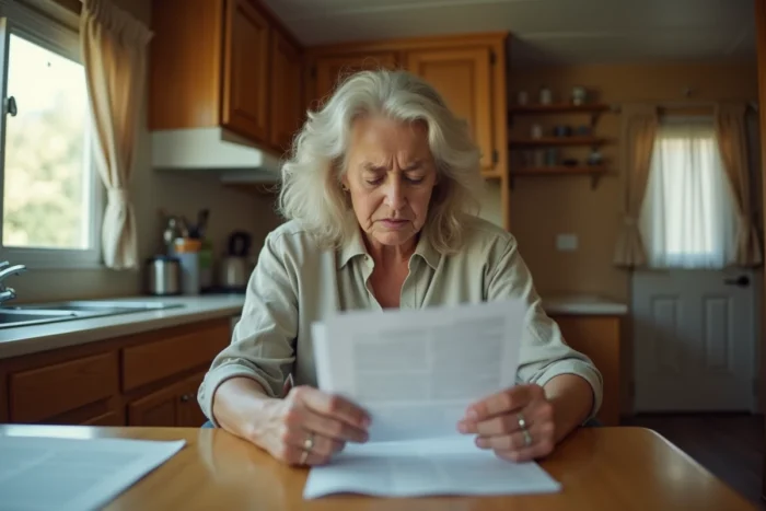 Femme propriétaire de mobil-home lisant attentivement des documents juridiques concernant les droits des propriétaires de plus de 20 ans