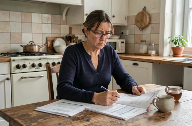 Femme propriétaire consultant des documents administratifs liés au RSA à sa table de cuisine