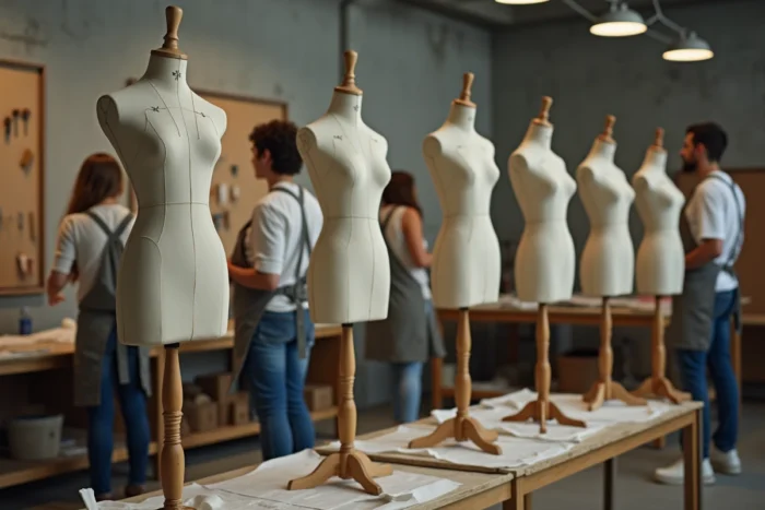 Rangée de mannequins standards de différentes tailles dans un atelier d'école de mode avec étudiants