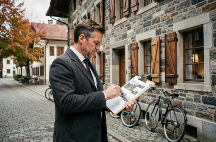 Homme consultant des annonces immobilières devant un immeuble traditionnel suisse en automne