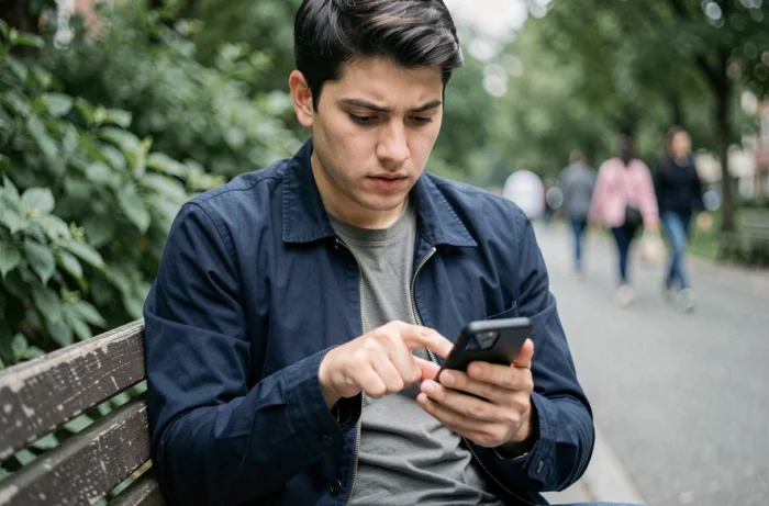 Personne dans un parc recherchant l'identité d'un numéro inconnu via une application sur smartphone