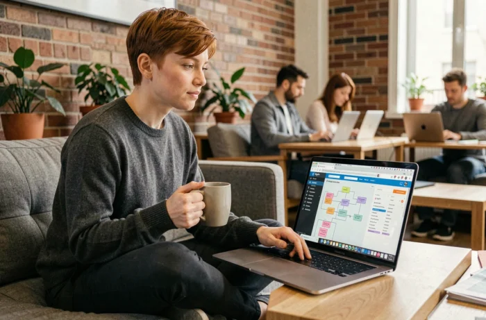 Rédacteur web travaillant sur la structure d'un site d'actualités en ligne depuis un espace de coworking avec un ordinateur portable