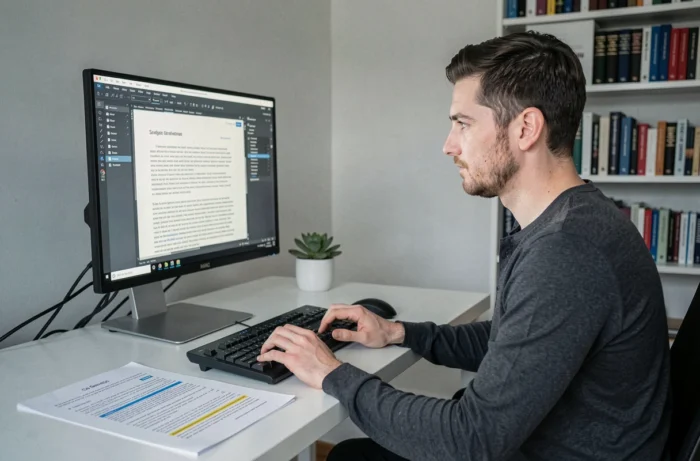Homme rédigeant un article long et structuré autour d'une intention de recherche précise sur son ordinateur