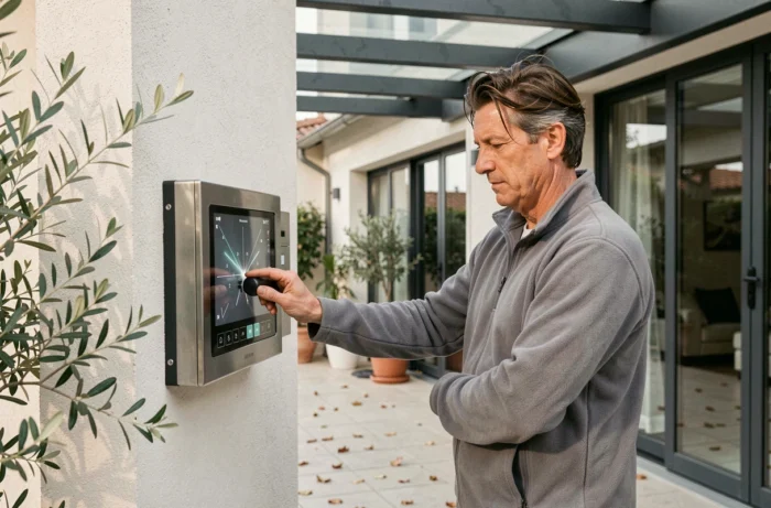 Homme réglant l'orientation des lames de sa pergola bioclimatique depuis un panneau de commande mural par vent fort