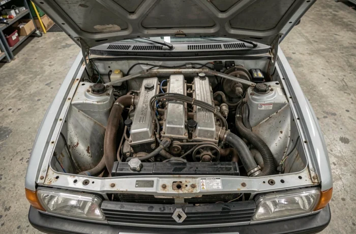Compartiment moteur V6 PRV de la Renault 30 V8 ouvert en atelier, révélant les détails mécaniques authentiques et la patine d'époque