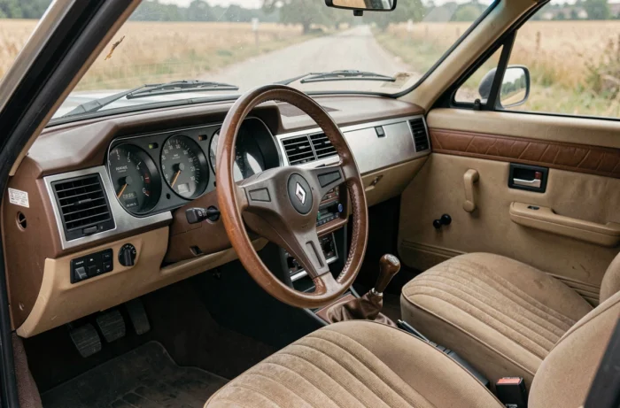 Intérieur authentique de la Renault 30 V8 avec tableau de bord analogique, volant d'époque et sellerie tissu beige caractéristique des années 1970