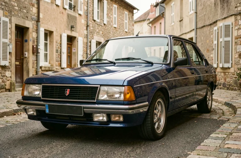 Renault 30 V8 bleu minuit garé sur des pavés dans une ville française, vue trois-quarts avant mettant en valeur le design angulaire classique