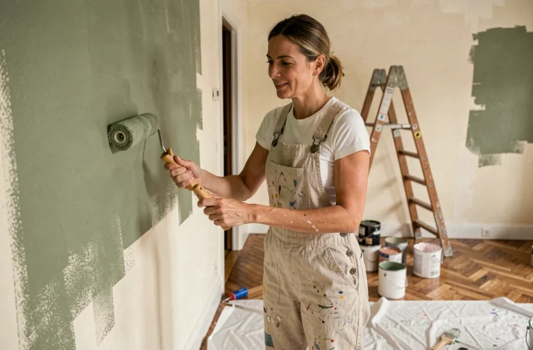 Femme rénovant un mur de salon avec de la peinture vert sauge dans un appartement parisien